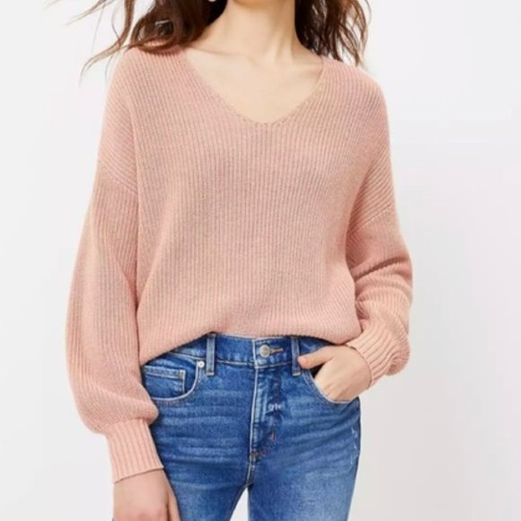 Loft Peach V-neck Puff Sleeve Sweater Sz Medium - Picture 1 of 7